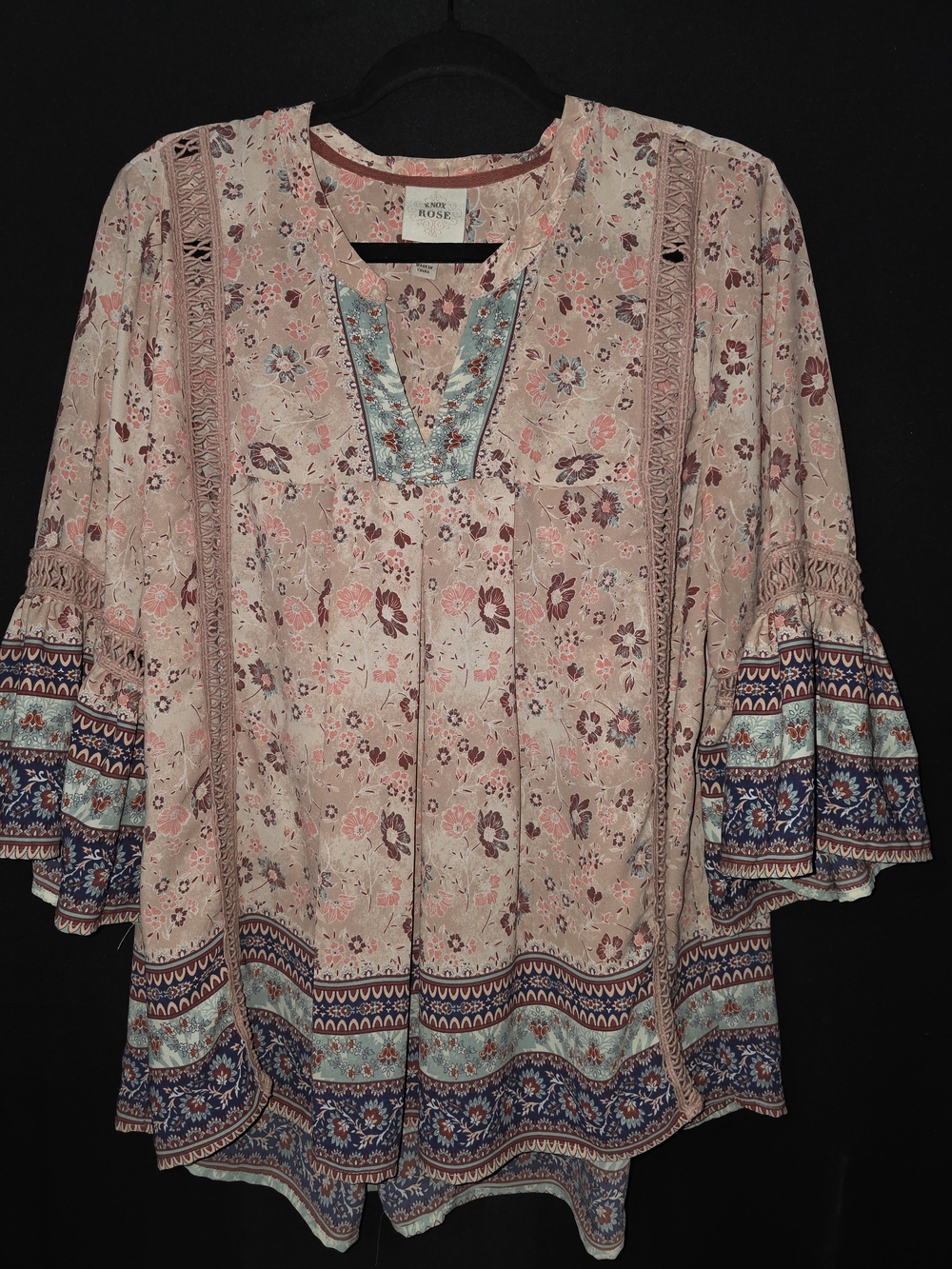 Knox Rose Pink Floral Boho Tunic with Blue Border